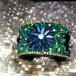 G-Lish Blue and Green Malachite/Crystal Cuff Bracelet(Missing One Little Crystal